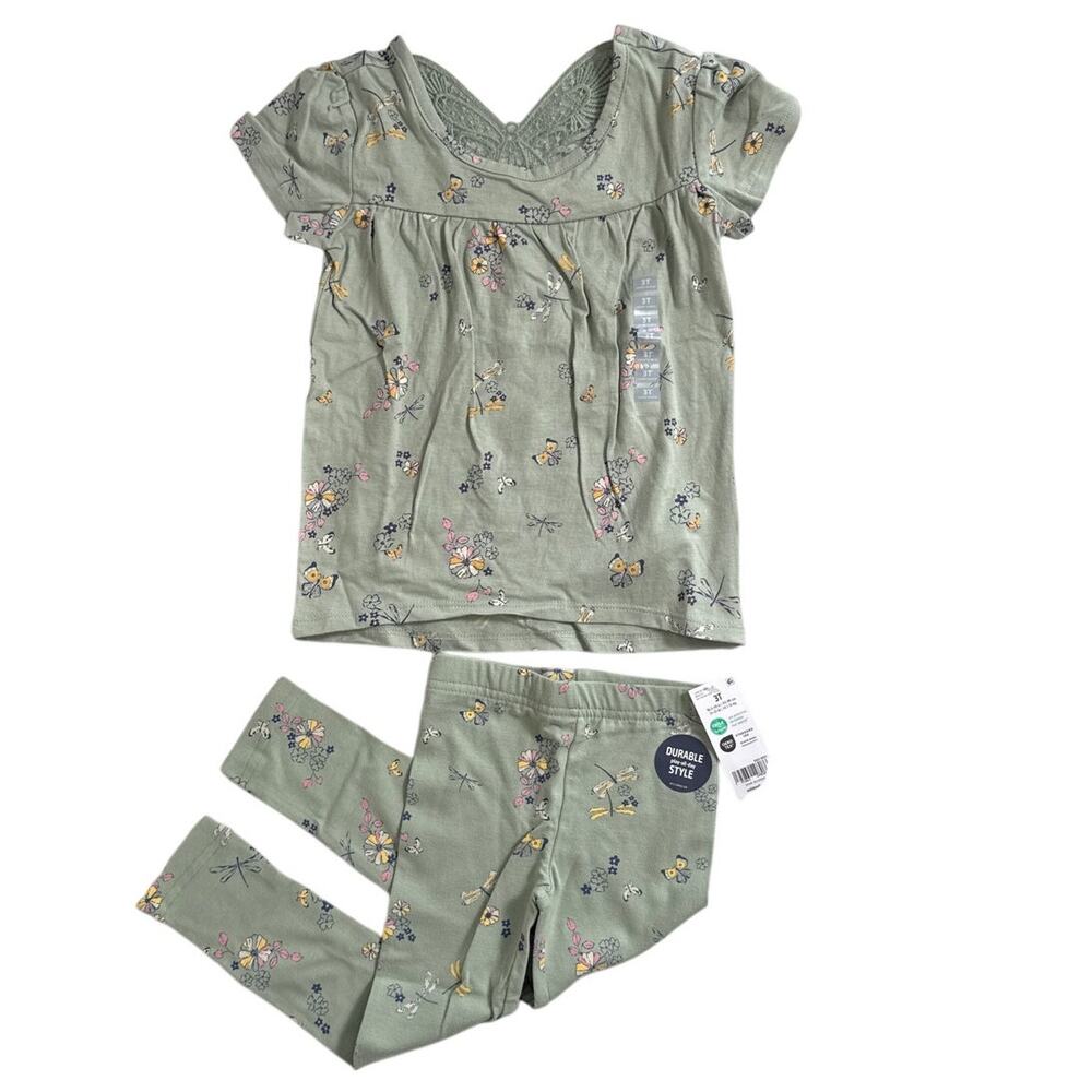 NWT OshKosh Toddler Girls Sage Green Butterfly Short Sleeve Top‎ and Leggings 3T